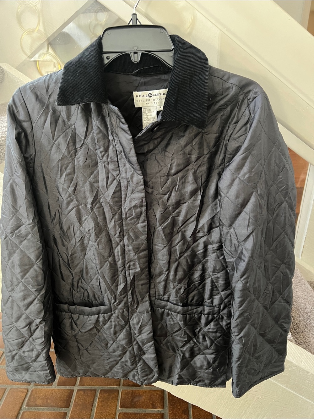 Saks Fifth Avenue Black Quilted Utility Jacket with Corduroy Collar